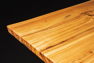 Style wooden slab, saw cut wood treated with varnish close-up on black. Isolate.