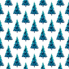Obraz premium XMAS watercolor Pine Tree Seamless Pattern in Blue Color. Hand Painted fir tree background or wallpaper for Ornament, Wrapping or Christmas Gift
