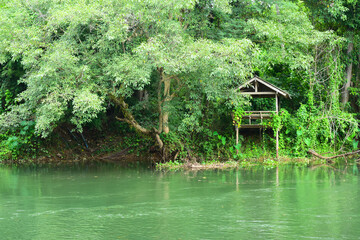 Grunge wooden pavilion in evergreen tropical forest and river - 451453452