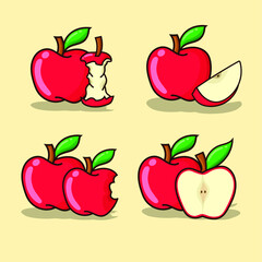 Set of apple vector illustration with yellow background. simple red apple with outline style and green leaf