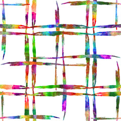 Watercolor Brush Plaid Seamless Pattern Grange Check Geometric Design in Rainbow Color. Modern Strokes Grung Collage Background for kids fabric and textile - 451453851