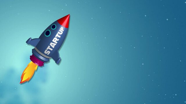 Colorful video loop of an ascending blue rocket with START UP on it and burning fire on a blue background. Symbol for start up, business success or launch.