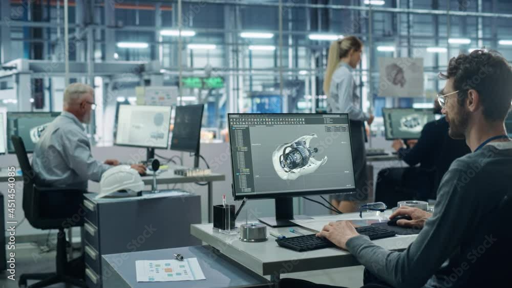 Poster Car Factory Office: Engineer Working on Turbine Prototype on Computer, Design Advanced 3D Model for High-Tech Green Energy Electric Engine. Diverse Team Work in Automated Manufacturing Facility