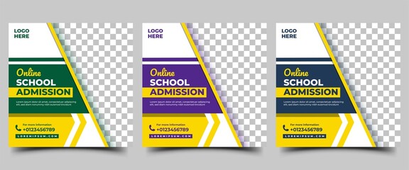 Back to school social media promotional banner template design collection. Modern square banner with green, purple, blue background color. Usable for social media, banner, website, and others. - obrazy, fototapety, plakaty