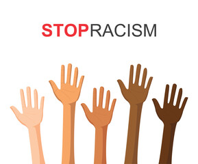 hand up stop racism on white background. Supporting the equal rights of the nation. Black lives matters concept. people with different skin colors symbol. vector illustration flat style modern design.