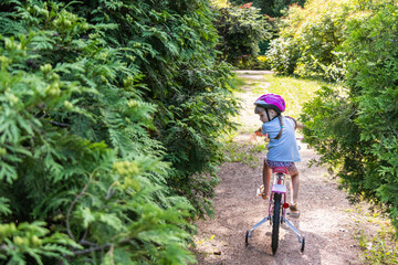 Fototapeta premium Little girl in a protective helmet rides a two wheeled pink bike in a beautiful park on a sunny