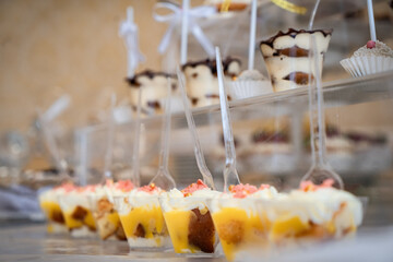 Wedding sweets, decorated tables, decorations and cupcakes, delicious cakes and delicacies