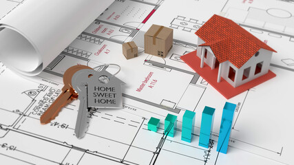 Property invest concept with key and ring on blueprint bacground. Real estate concept.