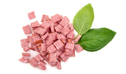Diced salami, isolated on white background. High resolution image.