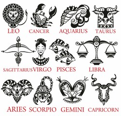 Zodiac signs icons. Aries, leo, gemini, taurus, scorpio, aquarius, pisces, sagittarius, libra, virgo, capricorn and cancer. Vector illustration in cartoon simple style.