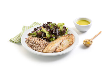 Front view of chicken, multigrain rice and salad meal, with condiments aside, isolated