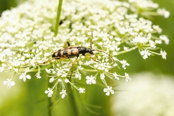 Black and yellow spotted longhorn beetle climbing on a white flower growing in a meadow. Natural...