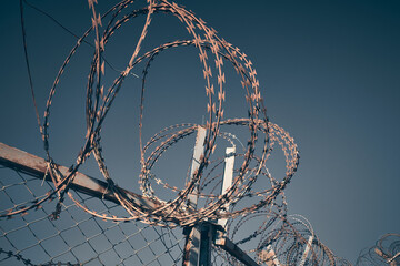 Barbed wire against dark blue evening sky.