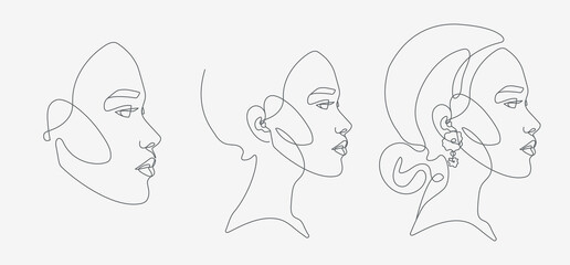 Woman head portrait set. Minimal, simple and complex illustrations. Continuous line drawing. 