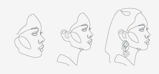 Woman head portrait set. Minimal, simple and complex illustrations. Continuous line drawing. 