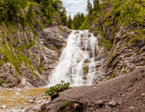 Waterfall in the mountains - River Gro&szlig;e Laine. Glasbach waterfall at Lainbach valley in Jachenau Bavaria, Germany