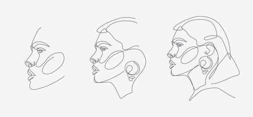Woman head portrait set. Minimal, simple and complex illustrations. Continuous line drawing. 