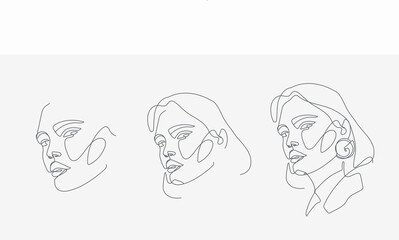 Woman head portrait set. Minimal, simple and complex illustrations. Continuous line drawing. 