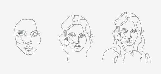 Woman head portrait set. Minimal, simple and complex illustrations. Continuous line drawing. 