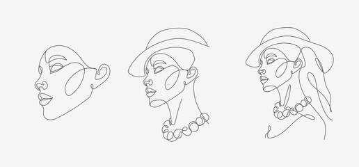 Woman head portrait set. Minimal, simple and complex illustrations. Continuous line drawing. 