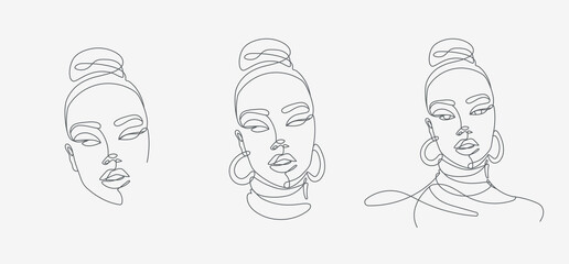 Woman head portrait set. Minimal, simple and complex illustrations. Continuous line drawing. 