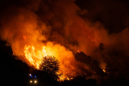 Incendio forestal por la noche en Ourense, Galicia, Spain.