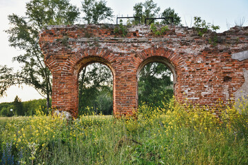 part of a ruined red brick wall surrounded by greenery