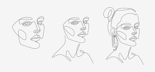 Woman head portrait set. Minimal, simple and complex illustrations. Continuous line drawing. 