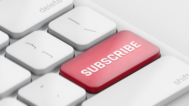 Subscribe red key button being clicked on white keyboard, subscription services
