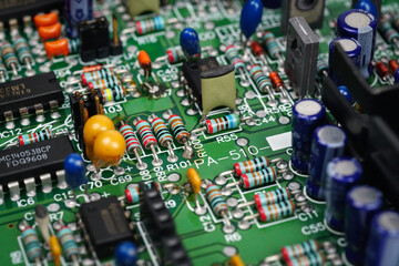 circuit motherboard detail with electronic components. Micro chips, capacitors or...