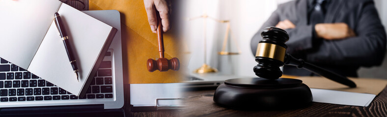 Business and lawyers discussing contract papers with brass scale on desk in office. Law, legal...