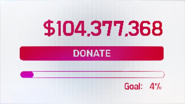 Charity website with donate button, total amount of donations going up, funding