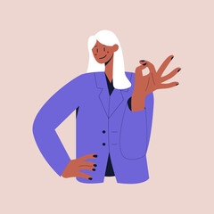 A happy black woman in a business suit shows the OK sign. The ok gesture. Colorful flat vector illustration on isolated background. Eps 10.