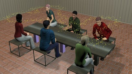Air flow , virus particles around people .Scent molecules emitted from humans. Airborne bioaerosols hanging , floating in air currents . Microdroplets surround group of people . 3d render illustration