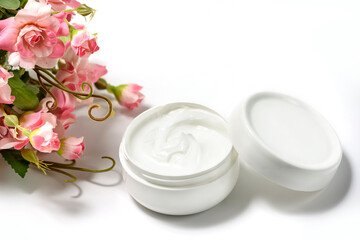 Obraz na płótnie Canvas White Jar and white cap with body cream on white background with artificial rose flowers. White jar with face cream isolated. Cosmetic product for skin care