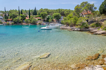 Fototapeta na wymiar Idyllic Osibova bay with rocky beach nearby Milna on the west coast of Brac island in Croatia