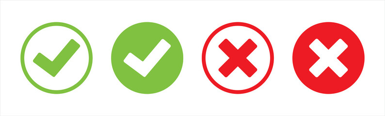 Check mark or checkbox pictogram icons set. Green tick icons. Green and red check mark icon. Circle tick approved symbol. © Evolvect