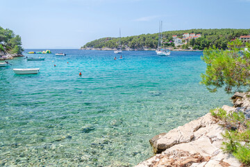 Fototapeta na wymiar Idyllic Osibova bay with rocky beach nearby Milna on the west coast of Brac island in Croatia