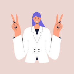 Fototapeta premium A happy woman in a business suit shows the peace sign. The victory gesture. V sign. Colorful flat vector illustration on isolated background. Eps 10.