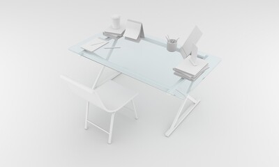 Glass study table with nice flat and minimalistic clean design. this is a 3D rendering Illustration design