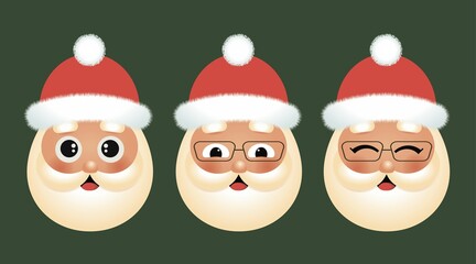 Set of cute cartoon santa face. Christmas winter holiday illustration.