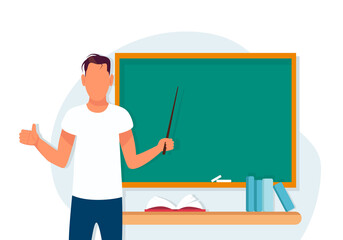 A young teacher man on the background of a blackboard with a pointer. A male with a like gesture. The teacher in the classroom. Vector illustration in flat style.