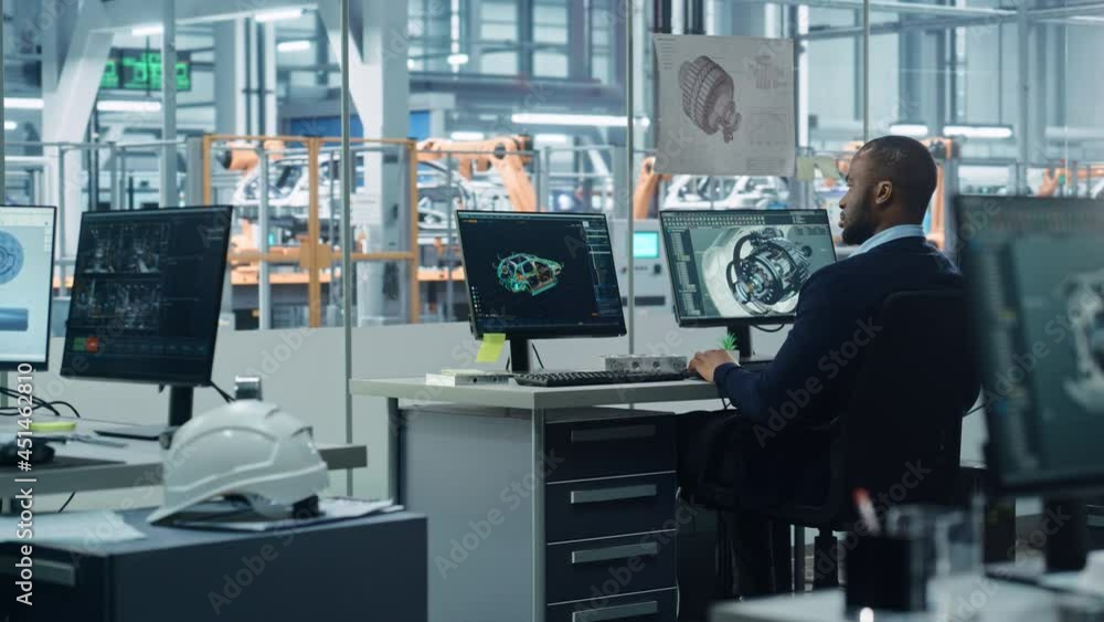 Aufkleber car factory office: black engineer working on desktop computer, screens show cad software with 3d tu