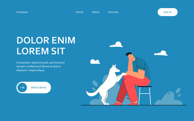 Cartoon sad man with dog flat vector illustration. Male character sitting on chair and looking at pet touching his knees. Stress, sadness, trouble, animal, pet, support concept for banner design