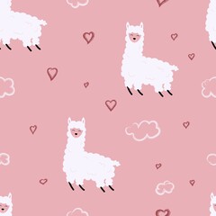 A lama on a cloud, with hearts around. Seamless pattern for printing, fabrics, postcards