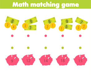 Mathematics matching educational children activity. Study counting money for kids and preschool. Match piggy bank with coins - 451463672