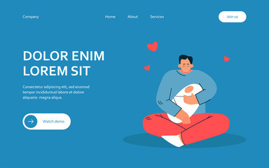 Man holding tight little baby son. Flat vector illustration. Male character sitting on floor in lotus position and hugging nursing baby in blue blanket. Family, newborn, fatherhood, care concept