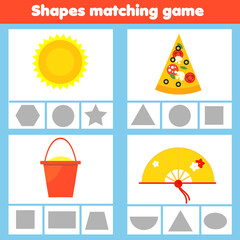 Matching children educational game. Match objects wtih geometric shapes. Activity for kids and toddlers.