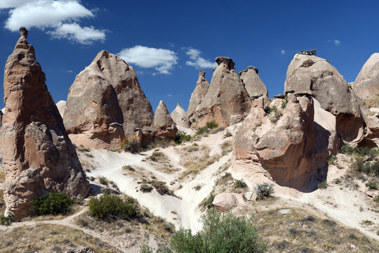 Beautiful mountains and Red Valley in Goreme, Cappadocia in Turkey. 