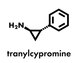 Tranylcypromine antidepressant and anxiolytic drug molecule. Irreversible inhibitor of the enzyme monoamine oxidase (MAO). Skeletal formula.